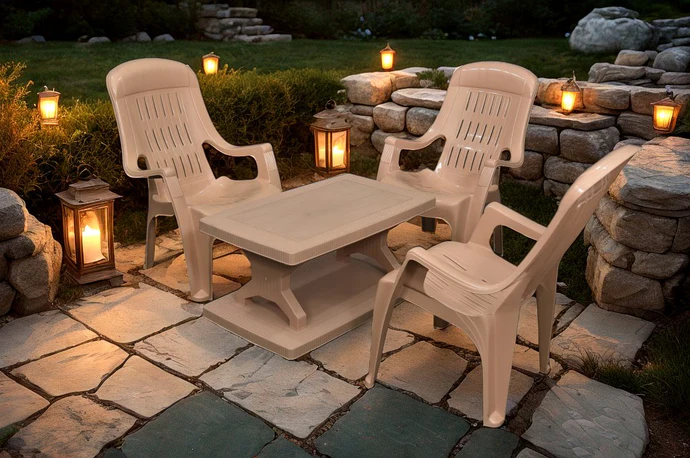 Mughal-e-Azam High Back Plastic Chair Set with BP-335 Double Shelf Table
