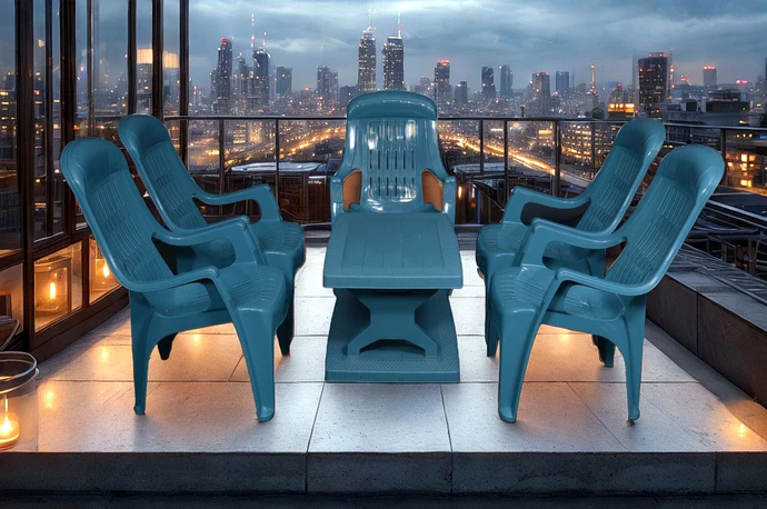 Mughal-e-Azam High Back Plastic Chair Set with BP-335 Double Shelf Table - Image 2
